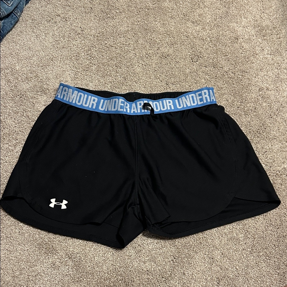 Under Armour Women's Black Athletic Shorts with Blue Waistband